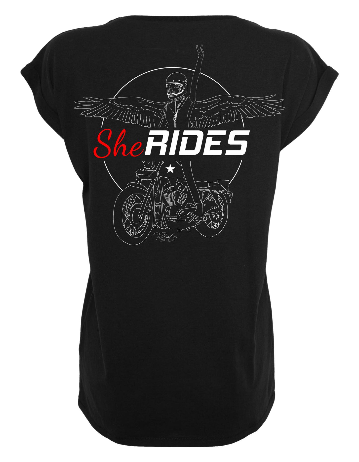 She Rides - Extended Shoulder T-Shirt "Wing Woman" - Optional mit Personalisierung