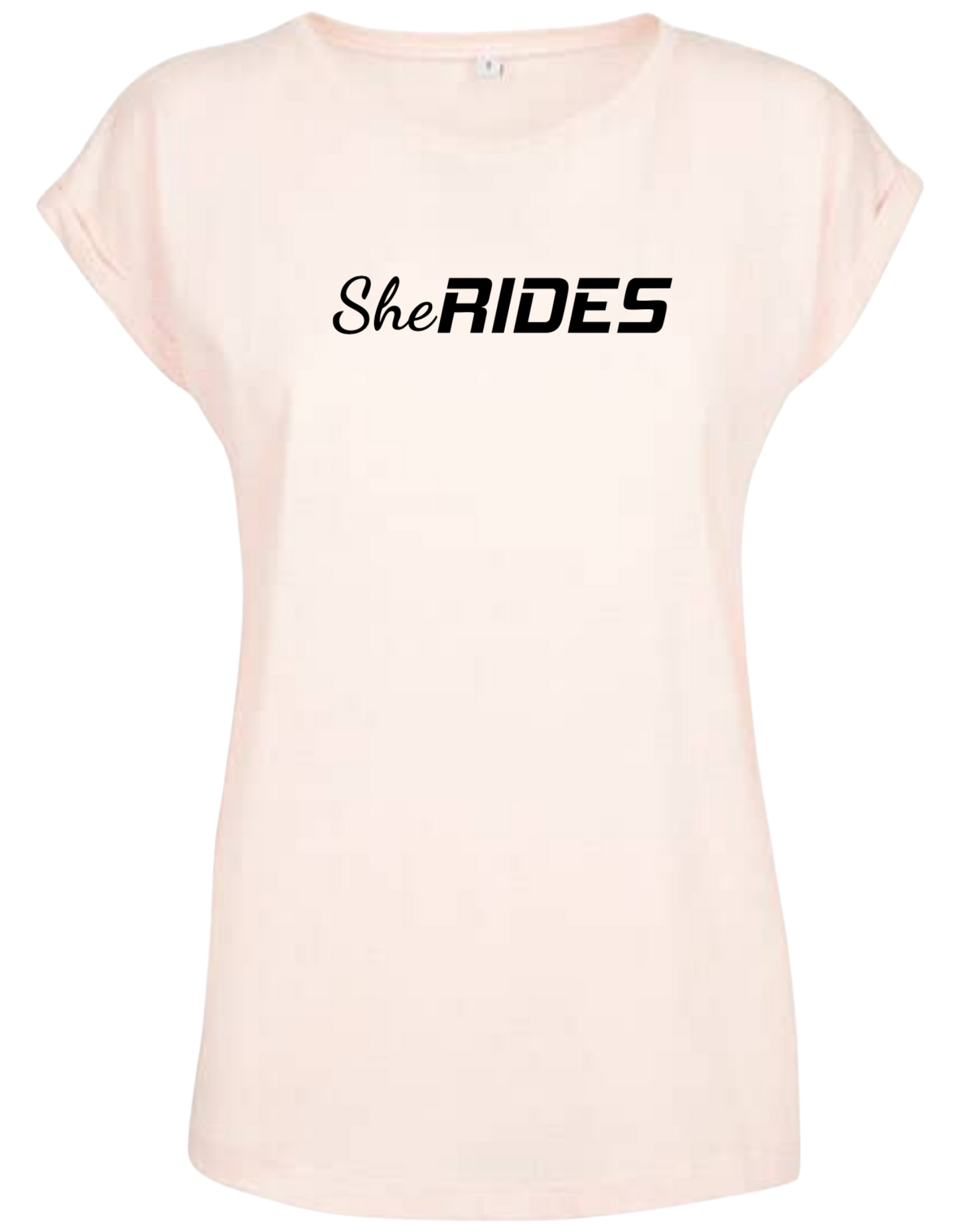 She Rides - Extended Shoulder T-Shirt "Schriftzug schwarz"