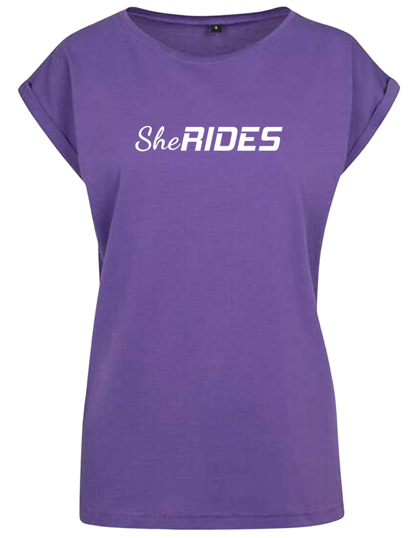 She Rides - Extended Shoulder T-Shirt "Schriftzug weiß"