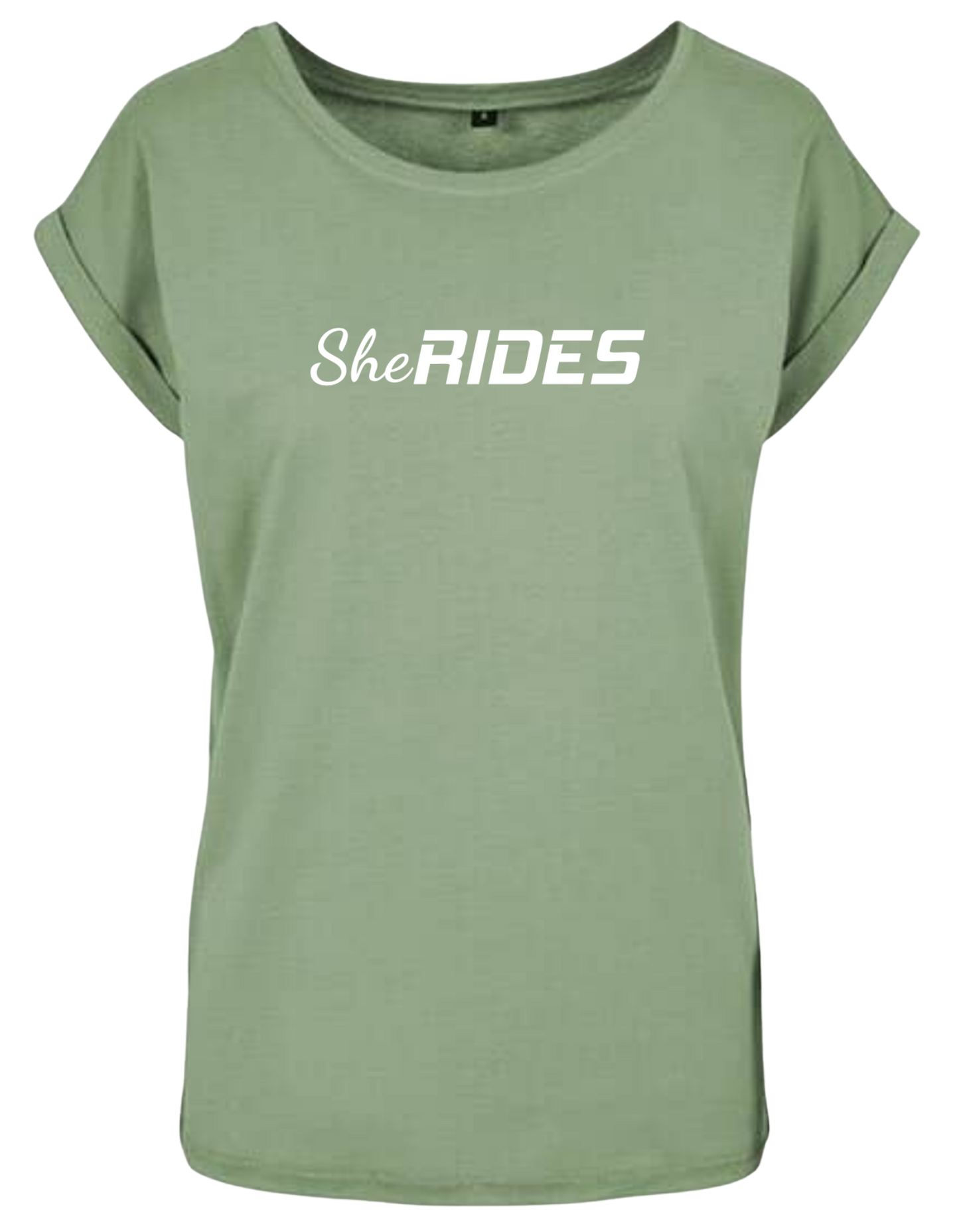 She Rides - Extended Shoulder T-Shirt "Schriftzug weiß"
