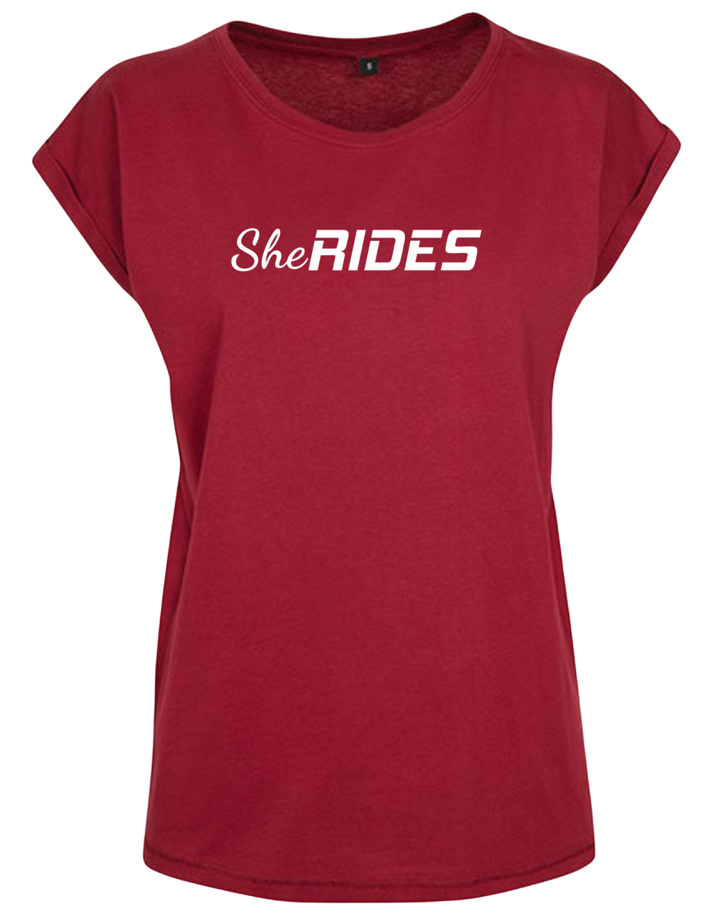 She Rides - Extended Shoulder T-Shirt "Schriftzug weiß"