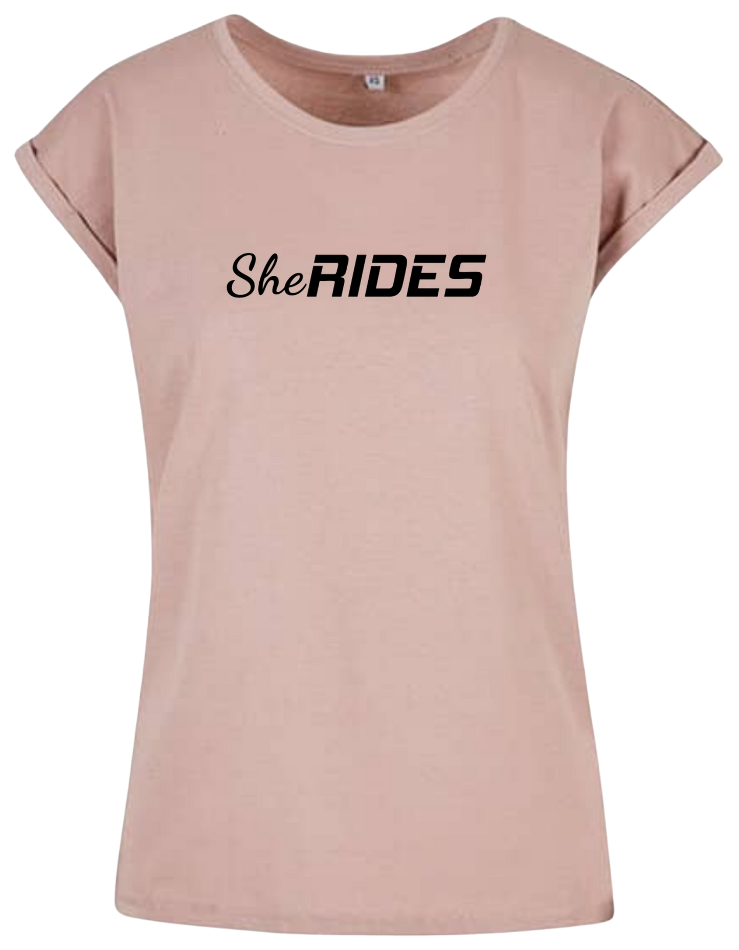 She Rides - Extended Shoulder T-Shirt "Schriftzug schwarz"
