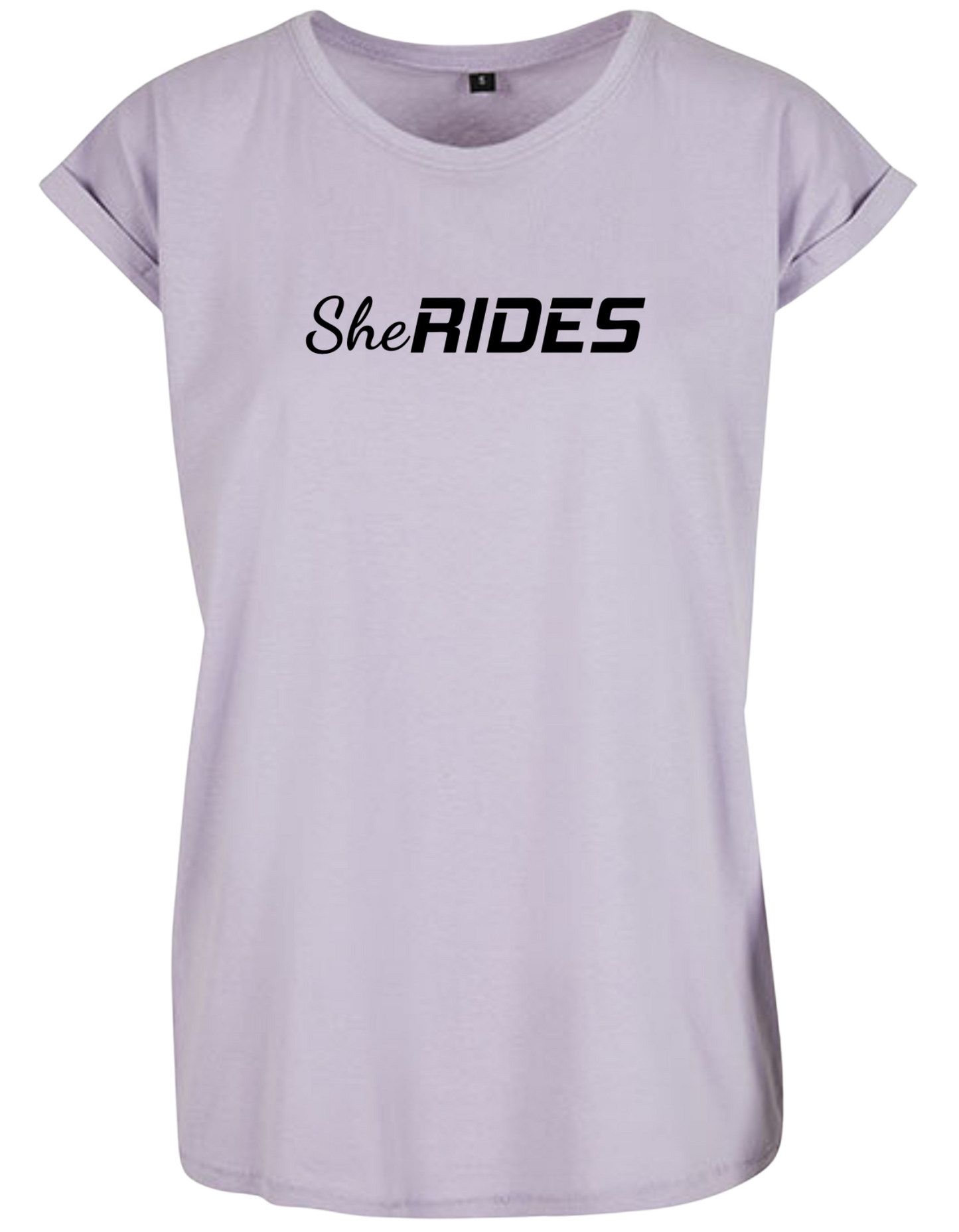 She Rides - Extended Shoulder T-Shirt "Schriftzug schwarz"
