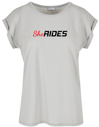 She Rides - Extended Shoulder T-Shirt "Schriftzug"
