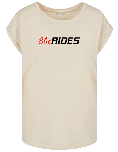 She Rides - Extended Shoulder T-Shirt "Schriftzug"