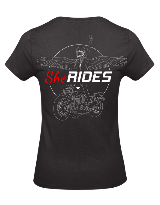 She Rides - Ladies T-Shirt "Wing Woman" - Optional mit Personalisierung