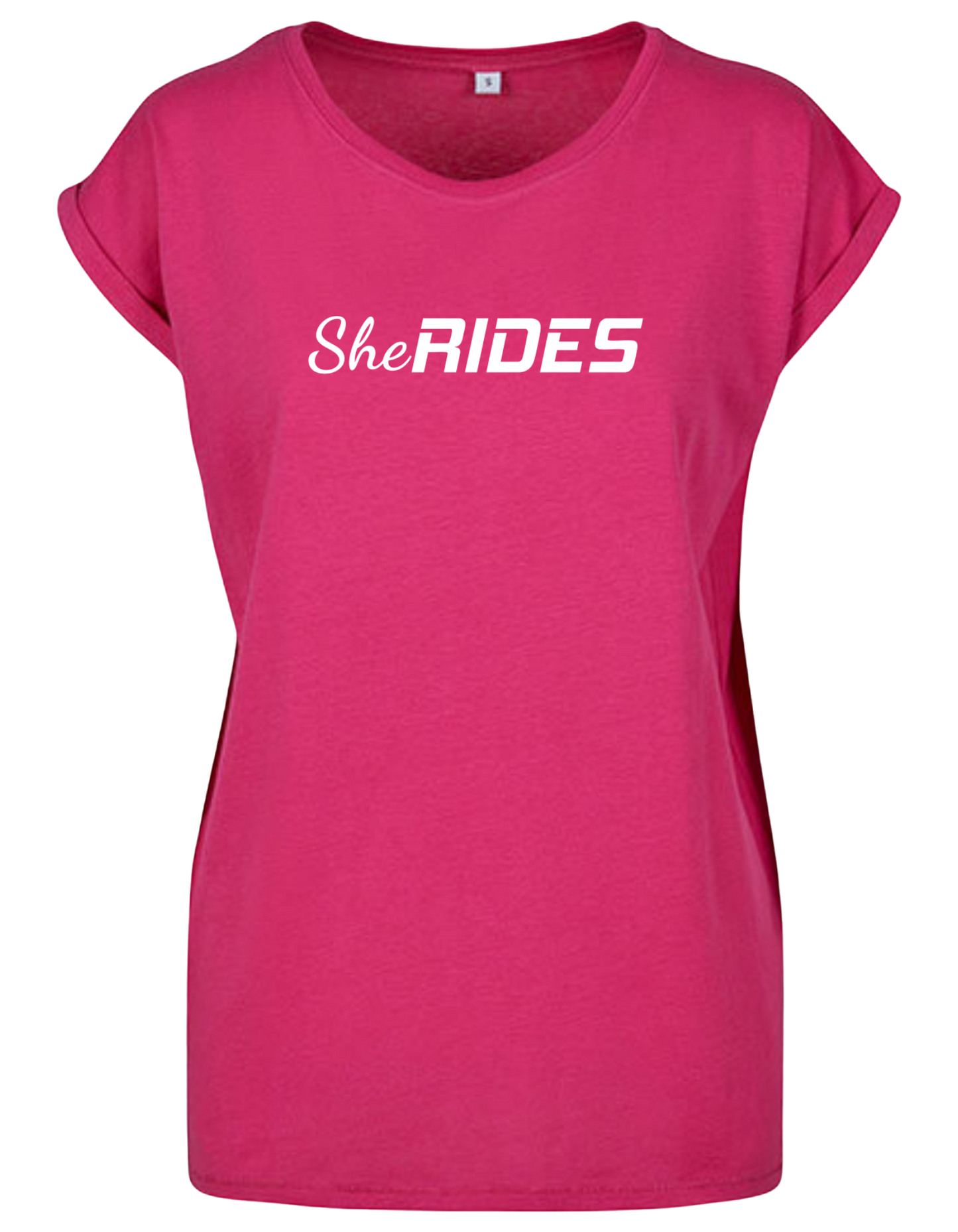She Rides - Extended Shoulder T-Shirt "Schriftzug weiß"