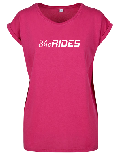 She Rides - Extended Shoulder T-Shirt "Schriftzug weiß"