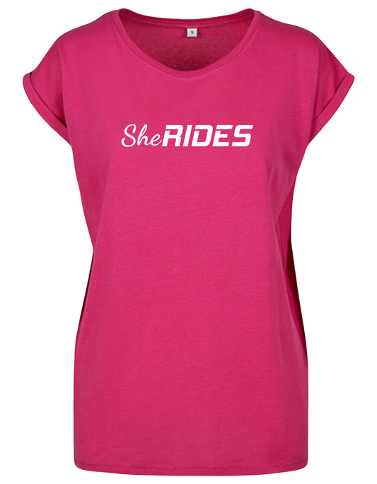 She Rides - Extended Shoulder T-Shirt "Schriftzug weiß"