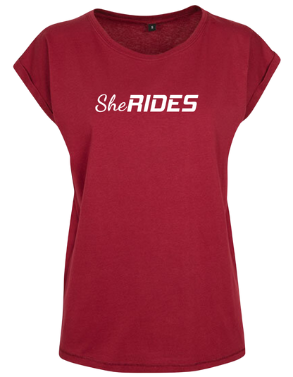 She Rides - Extended Shoulder T-Shirt "Schriftzug weiß"