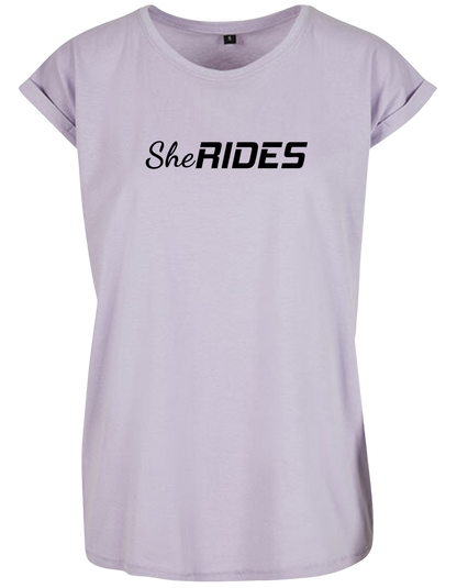 She Rides - Extended Shoulder T-Shirt "Schriftzug schwarz"