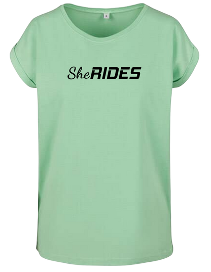 She Rides - Extended Shoulder T-Shirt "Schriftzug schwarz"