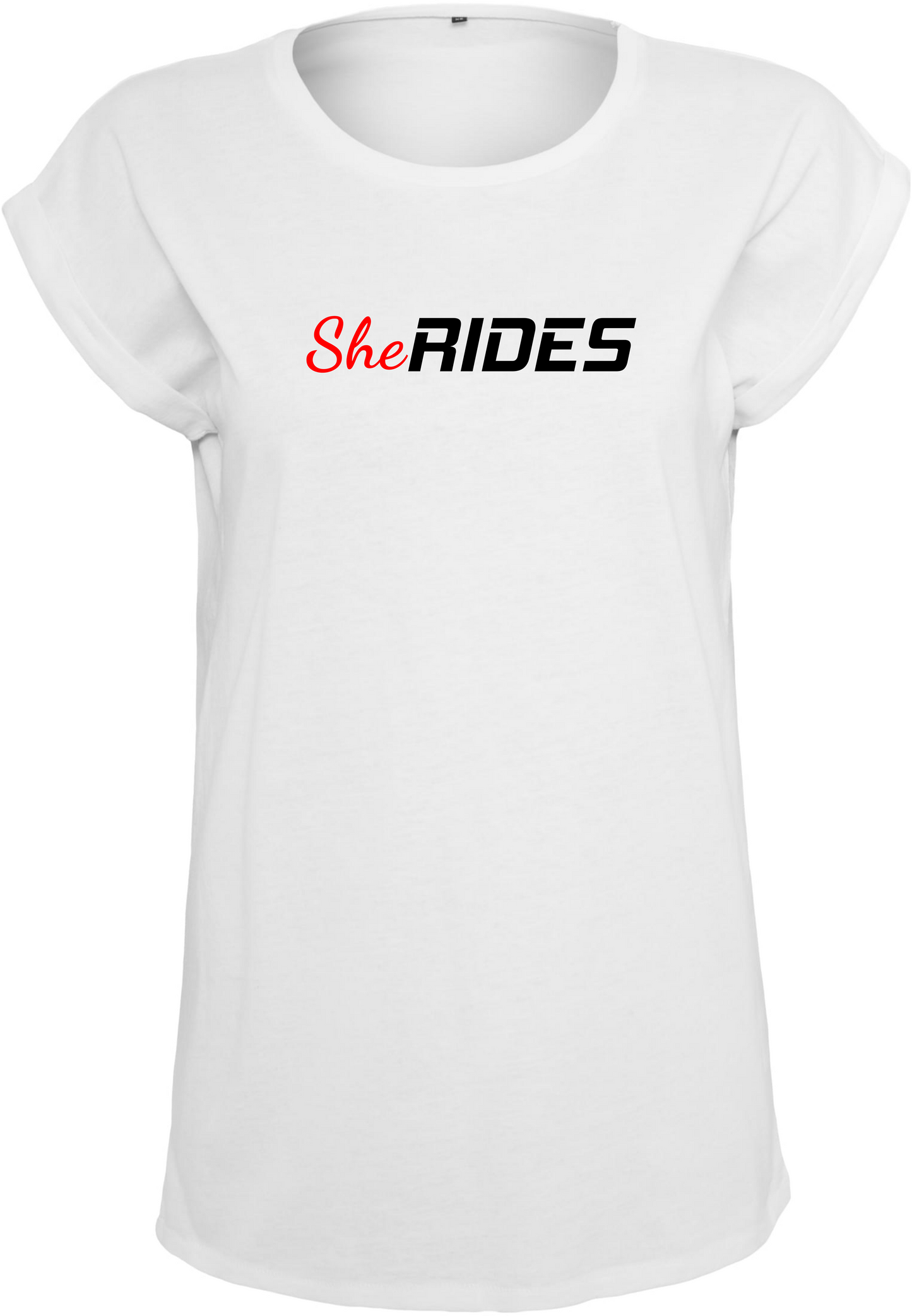 She Rides - Extended Shoulder T-Shirt "She Rides"-Logo