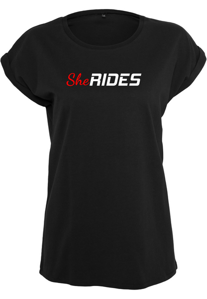 She Rides - Extended Shoulder T-Shirt "She Rides"-Logo